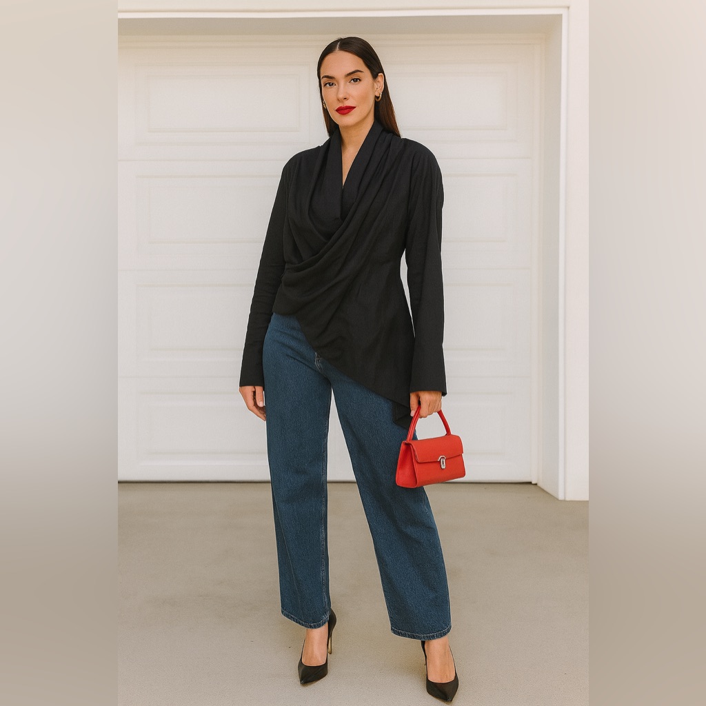 Jarbo Draped Black Blouse/Jacket Asymmetrical Size 38 Us 6 (100% Cotton)